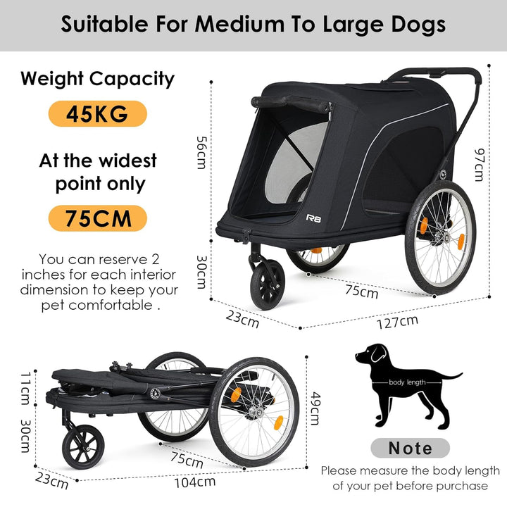 Beberoad 2-in-1 Hunde Fahrradanhänger & Buggy, Klappbar für Tiere bis 45kg, R8 (Schwarz) R8 Schwarz,