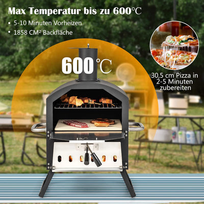 GYMAX Tragbarer Pizzaofen, Pizzabäcker mit klappbaren Beinen & Griffen, holzbefeuerter Pizzagrill mi