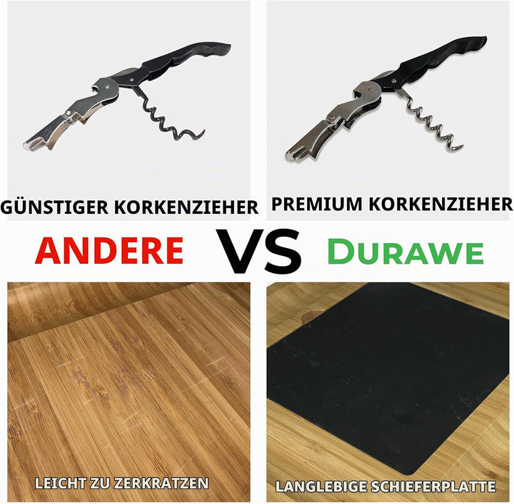 Bambus Käsebrett und Messer-Set Keramik-Schalen Weinöffner – 100% Bio-Holz Serviertablett Charcuteri