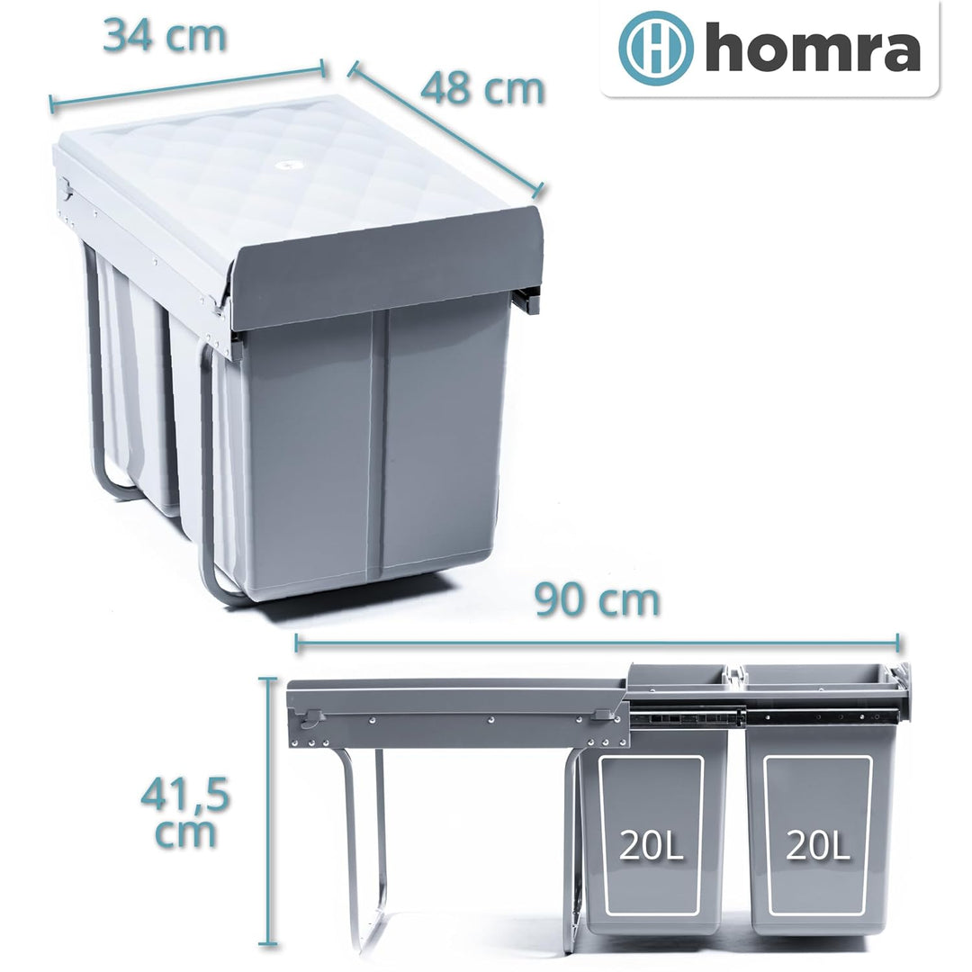 Homra Mülleimer 2 Fächer Ausziehbar | Einbaumülleimer Küche 2x20l | Mülltrennsystem Unterschrank | D