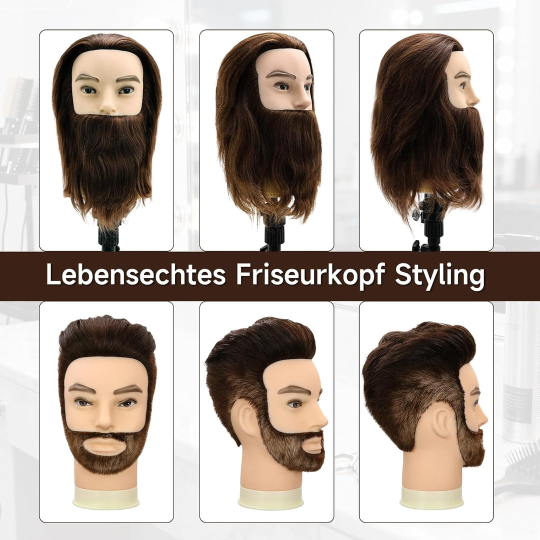 TwoWin 12 Zoll (30.5 cm) Mann Frisierkopf 100% Echthaar mit Bart, Frisurenkopf Männlicher Haarschnit