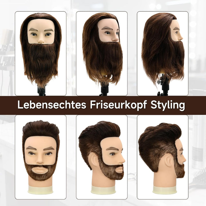 TwoWin 12 Zoll (30.5 cm) Mann Frisierkopf 100% Echthaar mit Bart, Frisurenkopf Männlicher Haarschnit