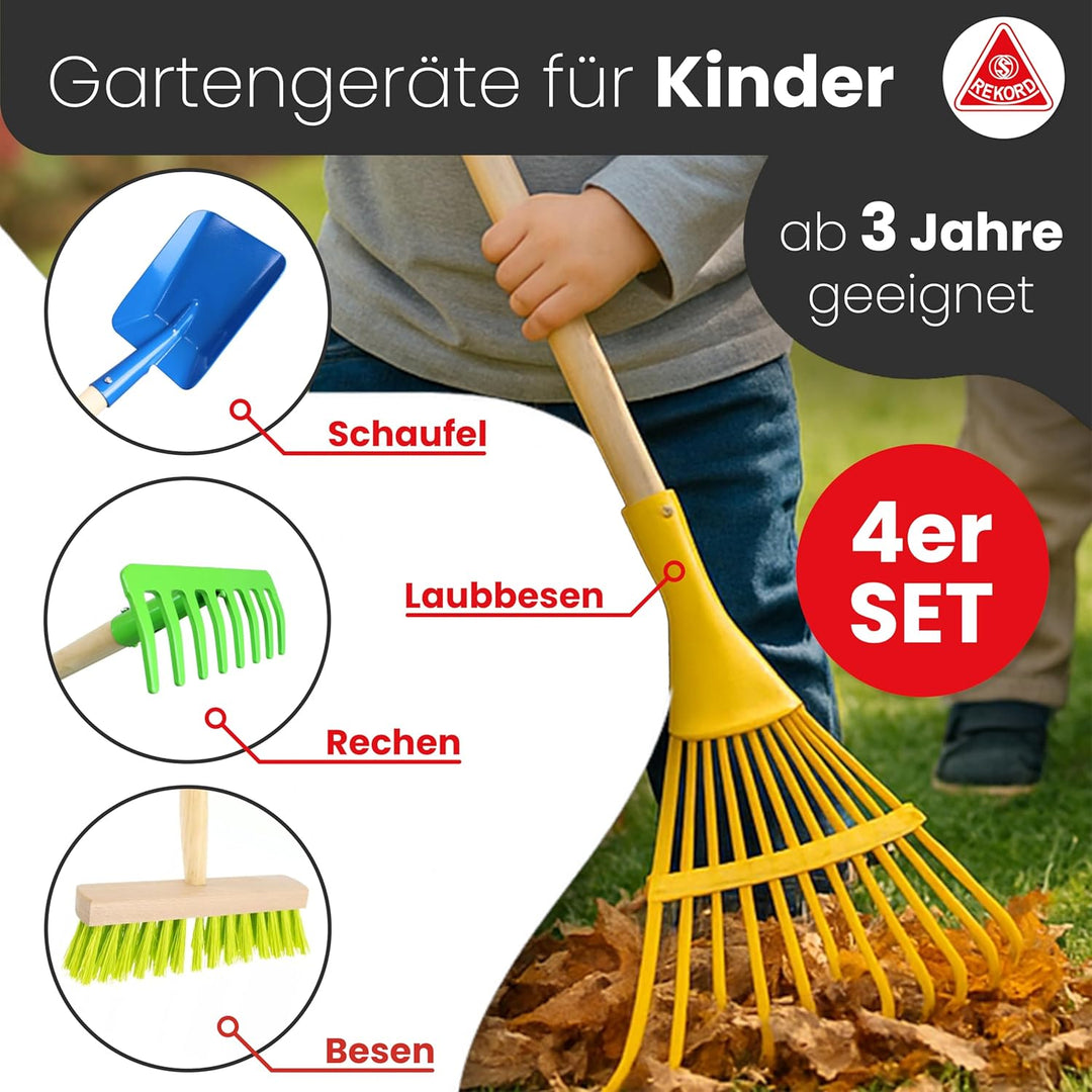 Rekord Kinder Gartengeräte Set 4 TLG. Schaufel (Blau), Rechen (Grün), Besen (Grün), Laubbesen (Gelb)
