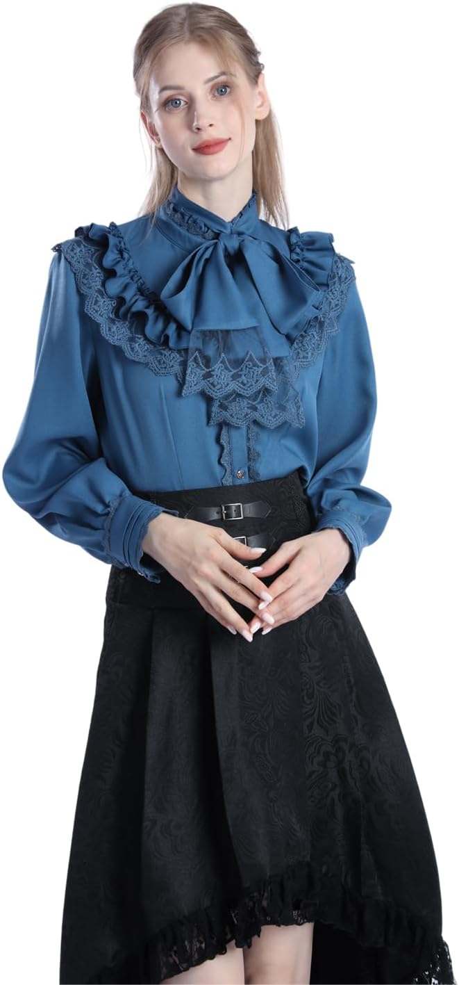 Fiamll Damen Viktorianisch Bluse Vintage Schleifenhemd Stehkragen mit Ruff Langarmshirt Mittelalter