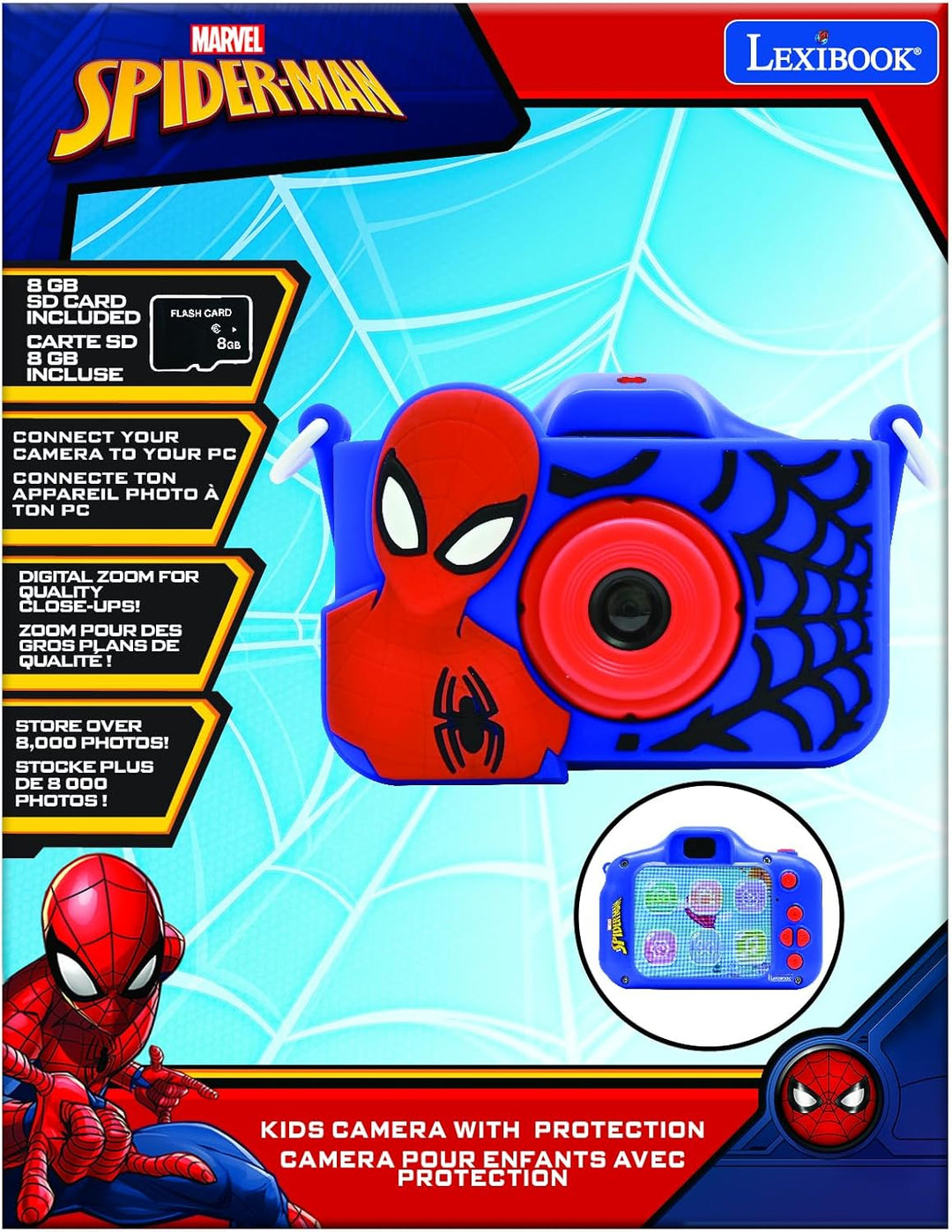 Lexibook, Spider-Man, 4-in-1 Kamera für Kinder mit Schutz, Foto-, Video-, MP3- und Spielfunktionen,