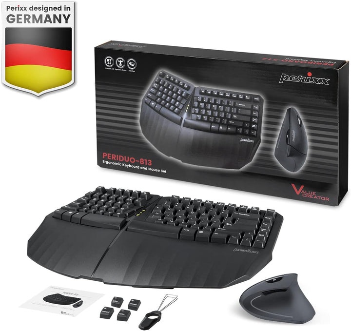 Perixx PERIDUO-813B US Kabellose ergonomische kompakte Tastatur und vertikale Maus – Paket mit Einer
