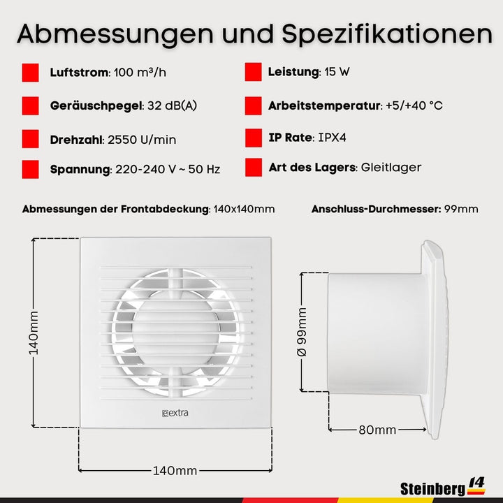 Steinberg14 Badlüfter Ø 100mm Weiss mit Zugschnur und Stecker - Abluftventilator Ventilator Lüfter B