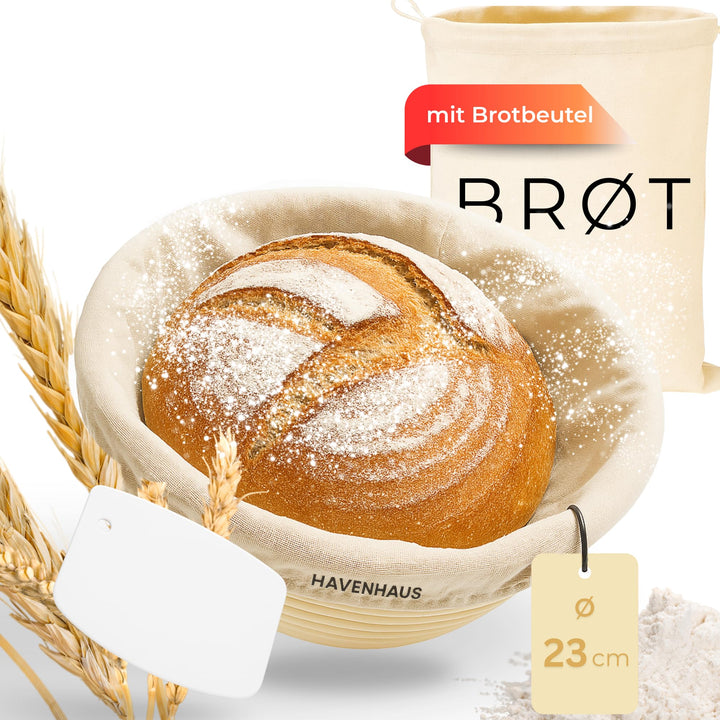 Gärkörbchen rund 23cm | Rattan Gärungskorb für 1kg Teig inkl. praktischem Zubehör | hochwertiger Gär