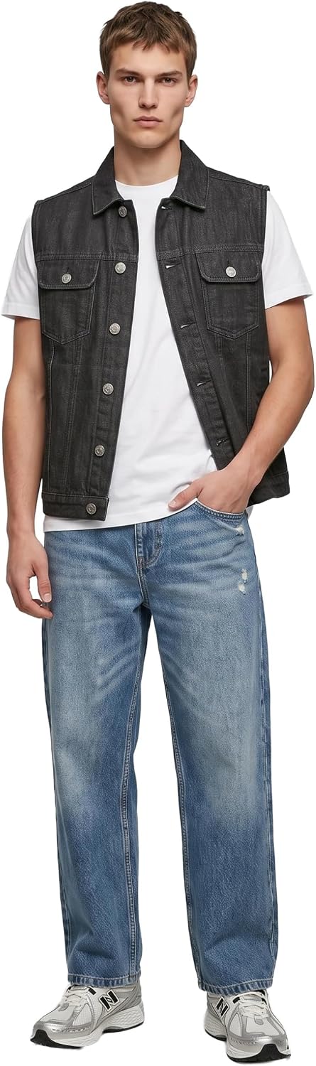 Urban Classics Herren Denim Vest – Jeansweste aus Baumwolle mit Knopfleiste, Brusttaschen und Kragen
