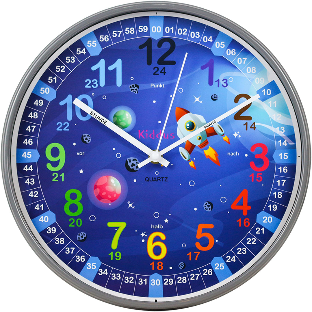 Kiddus Kinder Wanduhr, Jungen und Mädchen, Analoger Lernuhr mit Zeitlernübungen, Kinderwanduhr Ohne