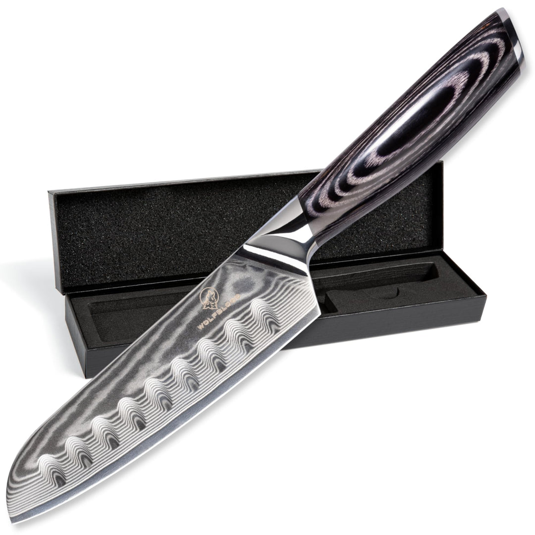 Wolfblood PRO Damastmesser Damast-Küchenmesser L (23cm) Profi Santoku Messer aus echtem 67 Lagen Dam