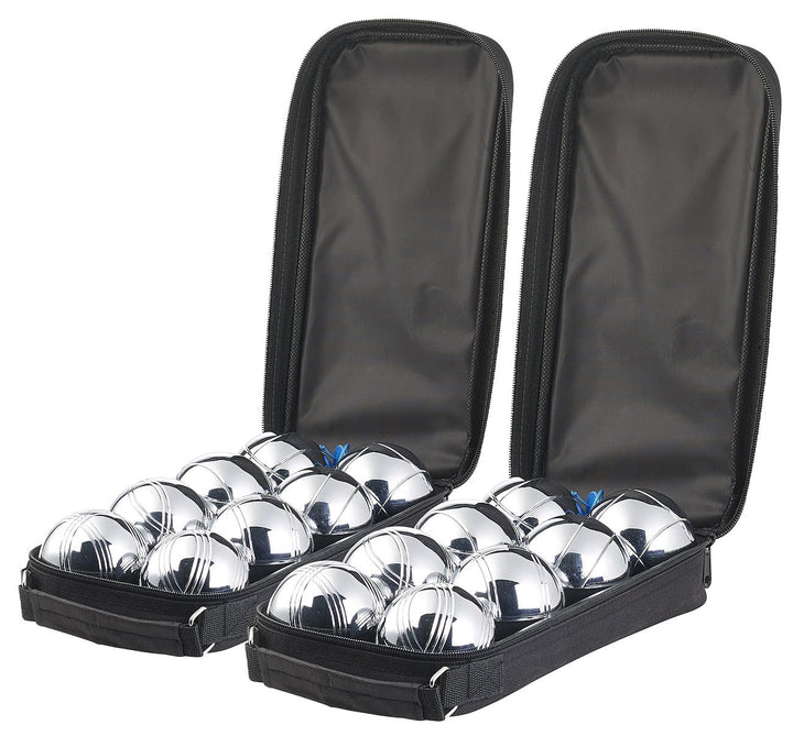 PEARL Boccia Kugeln: 2er-Set Boule- & Boccia-Spiele: 16 Metall-, 2 Holz-Kugel, Tasche (Bocciaspiele,