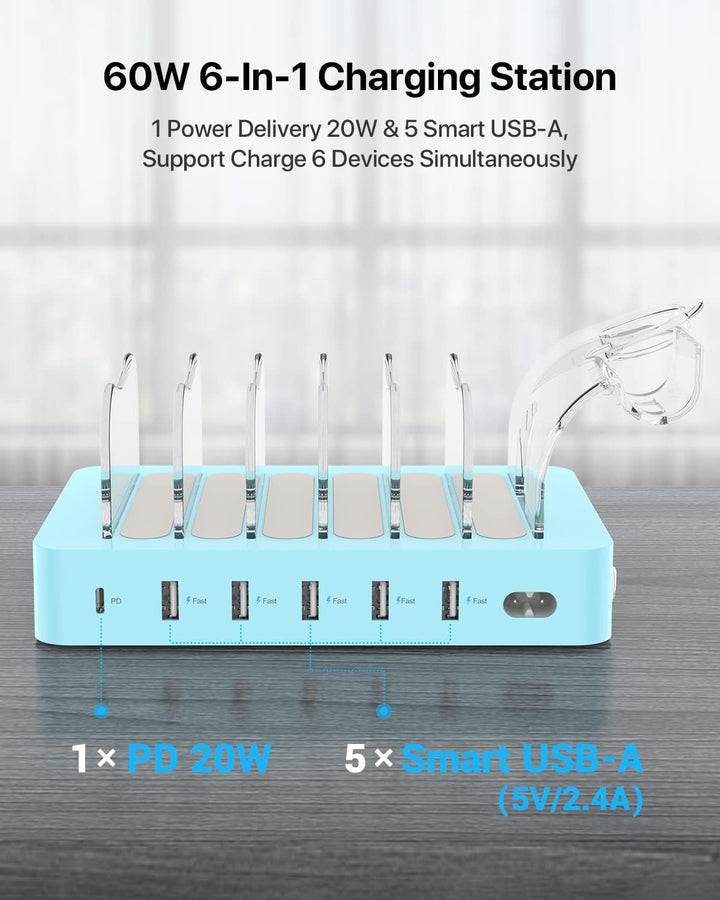 SooPii USB Ladestation 60W/12A,6-Port Dockingstation,Organizer für mehrfach Geräte with I Watch Hold