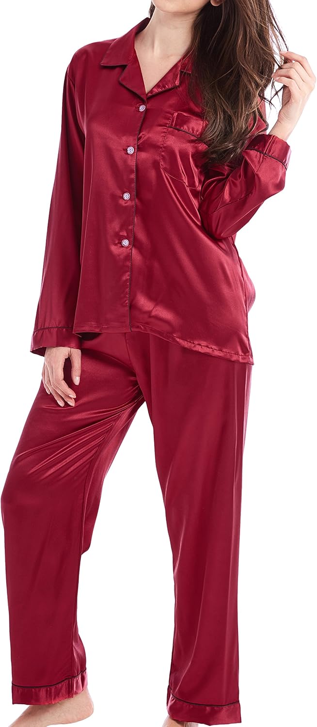 Damen Schlafanzug Pyjama Satin Lang Nachtwäsche Set Klassische Loungewear S Burgunder mit Schwarzer