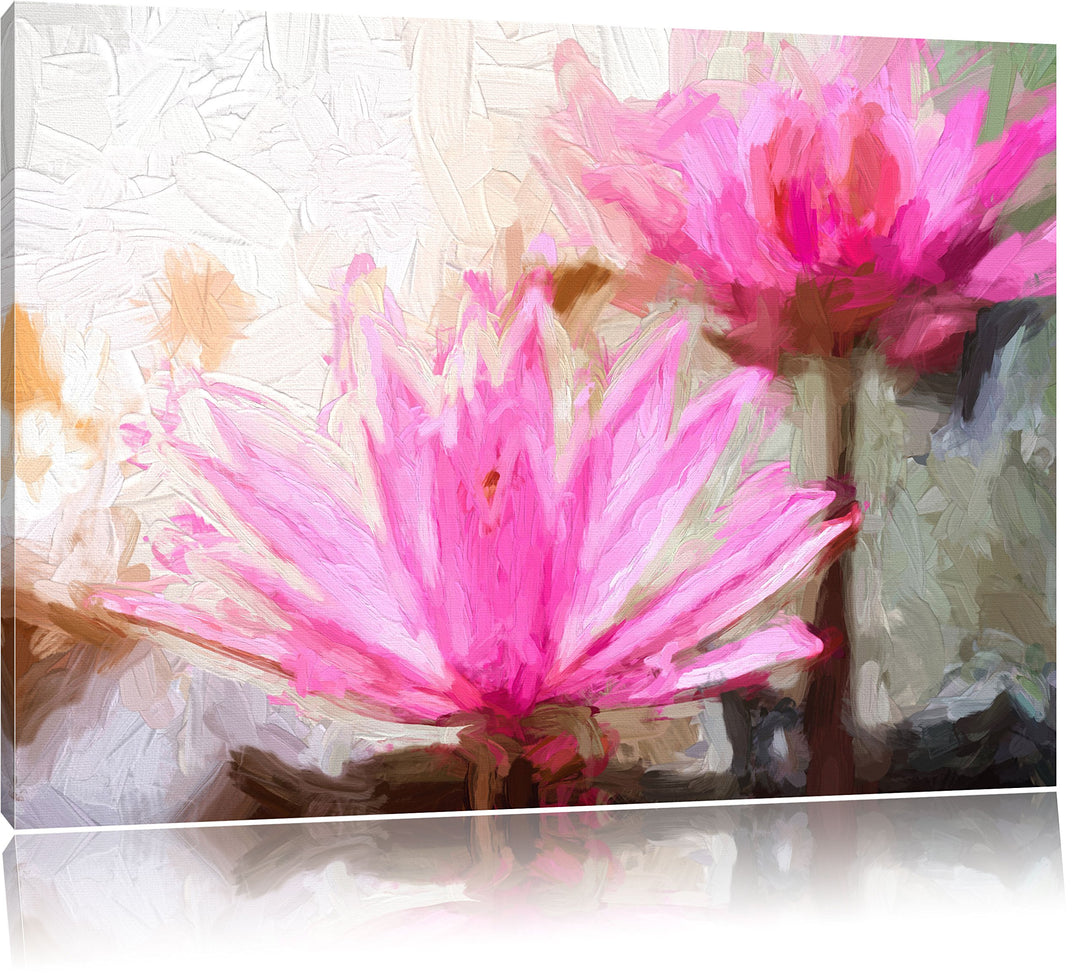 Pixxprint Lilafarbene Wasserlilie Kunst Pinsel Effekt, Format: 100x70 auf Leinwand, 100x70