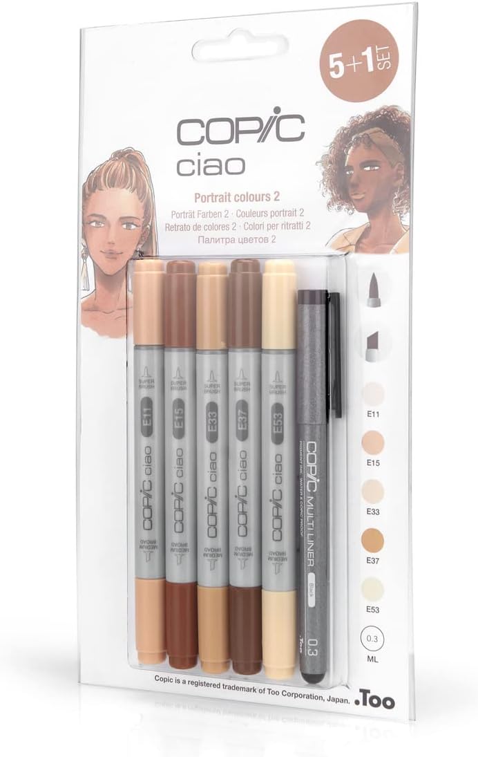 COPIC Ciao Marker Set 5+1 Portrait colours 2, Blisterpackung mit 5 Markern + 1 Multiliner 0,3 mm, fü