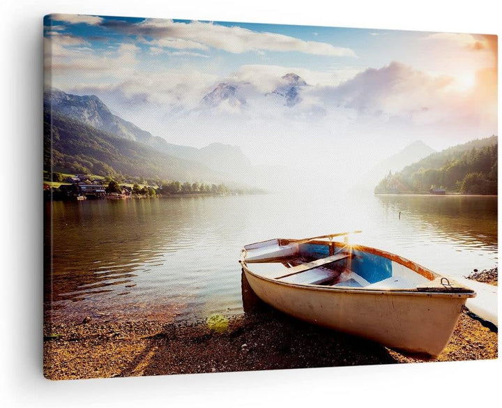 Bilder auf Leinwand Berge See Boot Leinwandbild mit Rahmen 70x50cm Wandbilder Dekoration Wohnzimmer