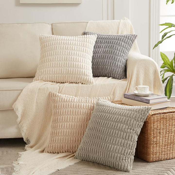 FDTERN 4er Set Boho Kissenbezug 40x40 Creme Flauschig Kissenbezüge Weich Kordsamt Beige Kissenhülle