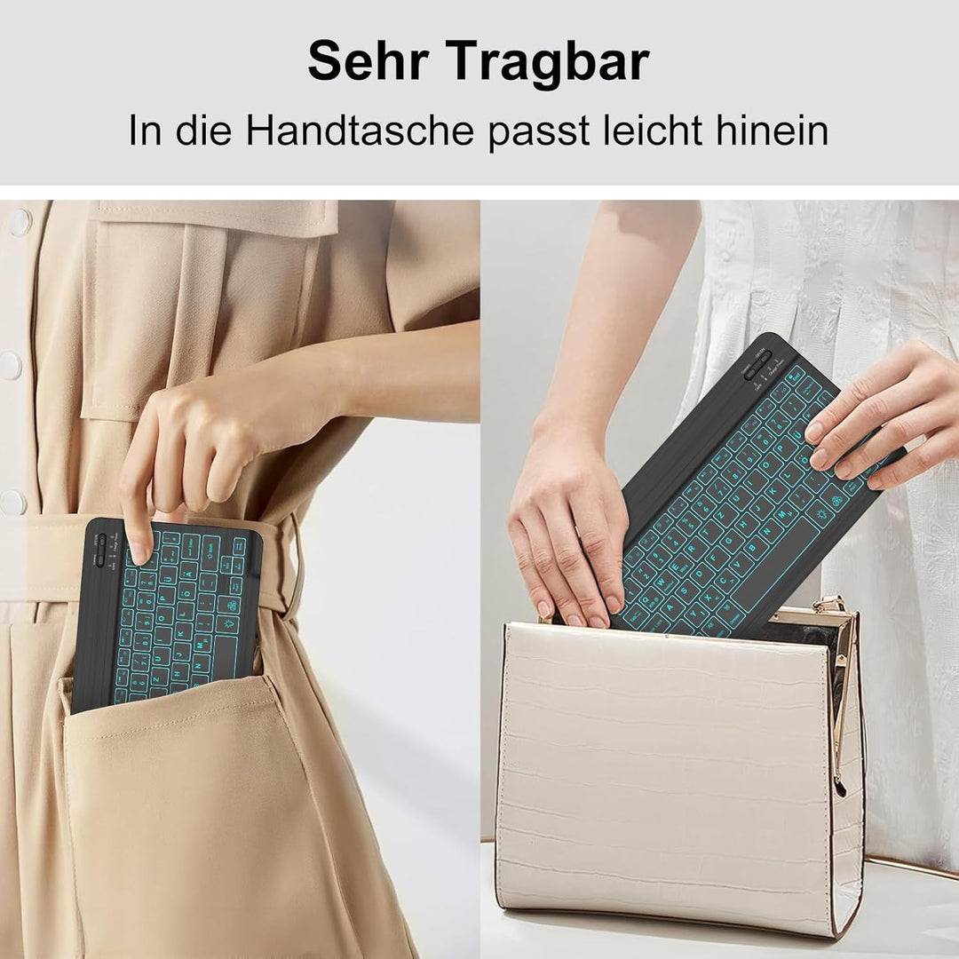 Bluetooth Tastatur Deutsches Layout für 10+ Zoll Tablets, Mit 7-Farben Hintergrundbeleuchtung, Ohne