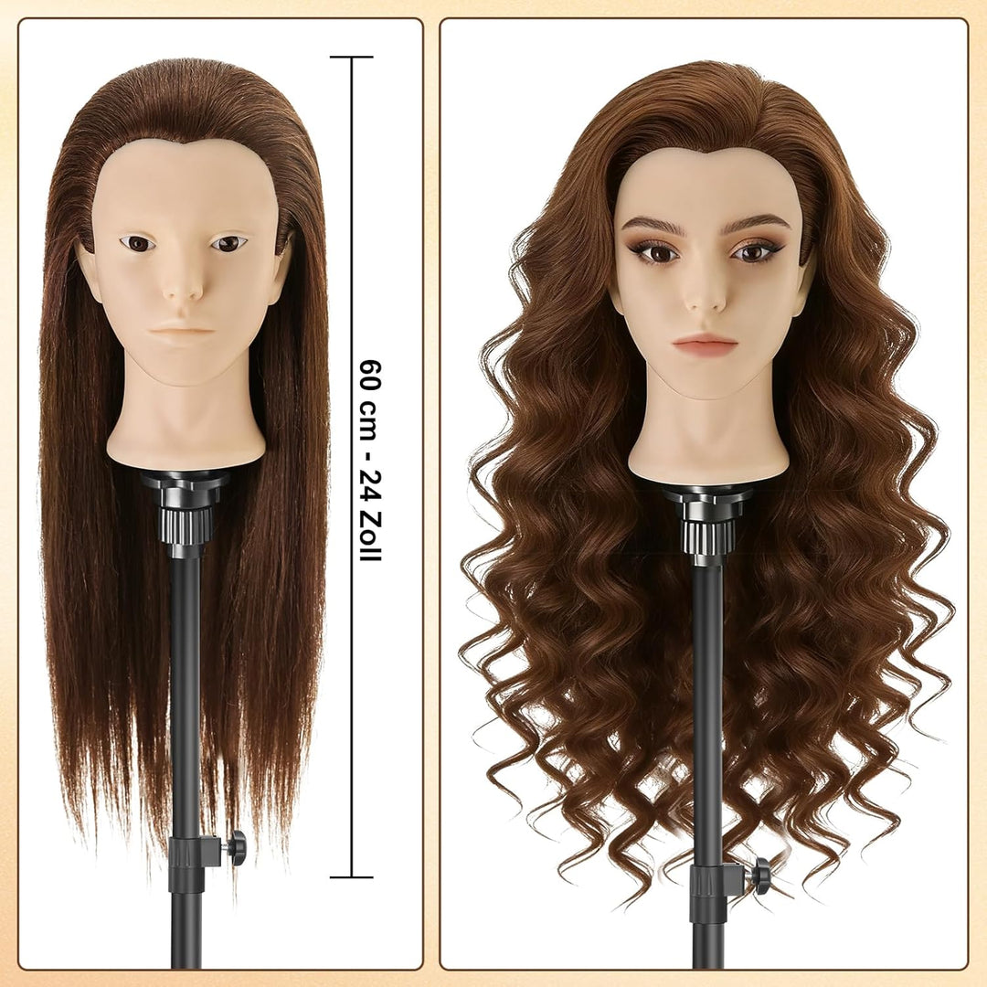 TwoWin Frisierkopf Echthaar mit Ohrlöchern, 60 cm (24 Zoll) Friseurkopf Übungskopf 80% echthaar, Tra