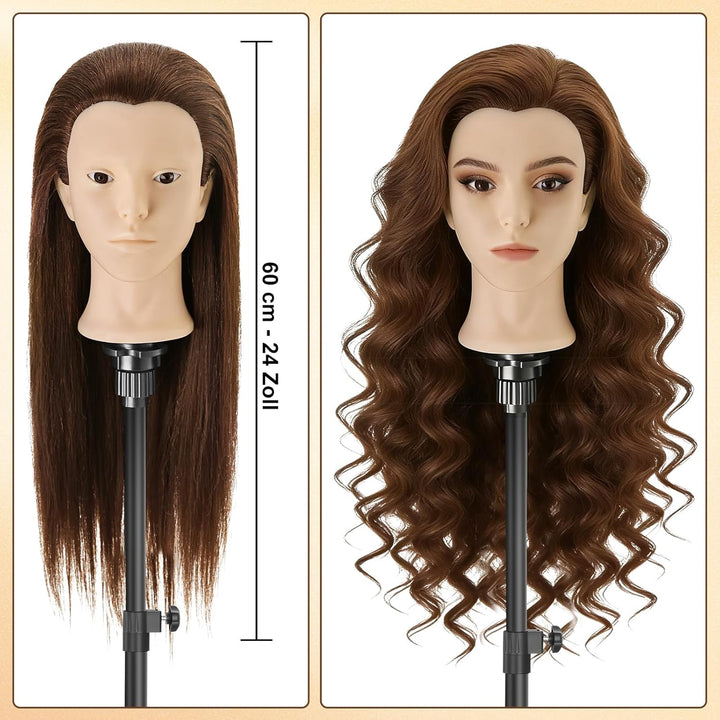 TwoWin Frisierkopf Echthaar mit Ohrlöchern, 60 cm (24 Zoll) Friseurkopf Übungskopf 80% echthaar, Tra