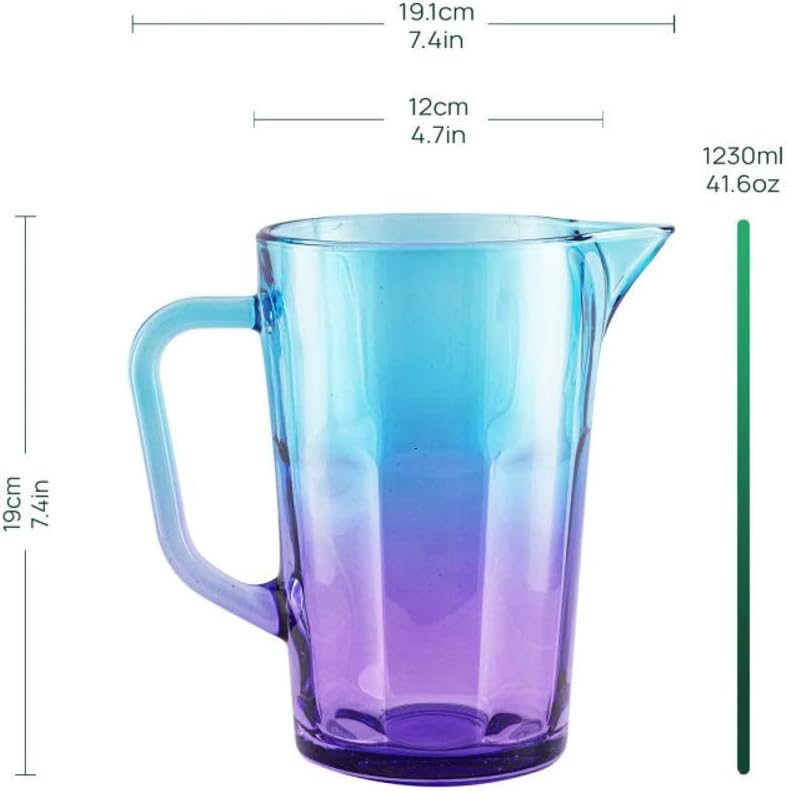 TREND FOR HOME Wasserkaraffe Glas 1 Liter mit Handlichem Griff Bunt Wasserkrug 19 cm Glaskanne Blau