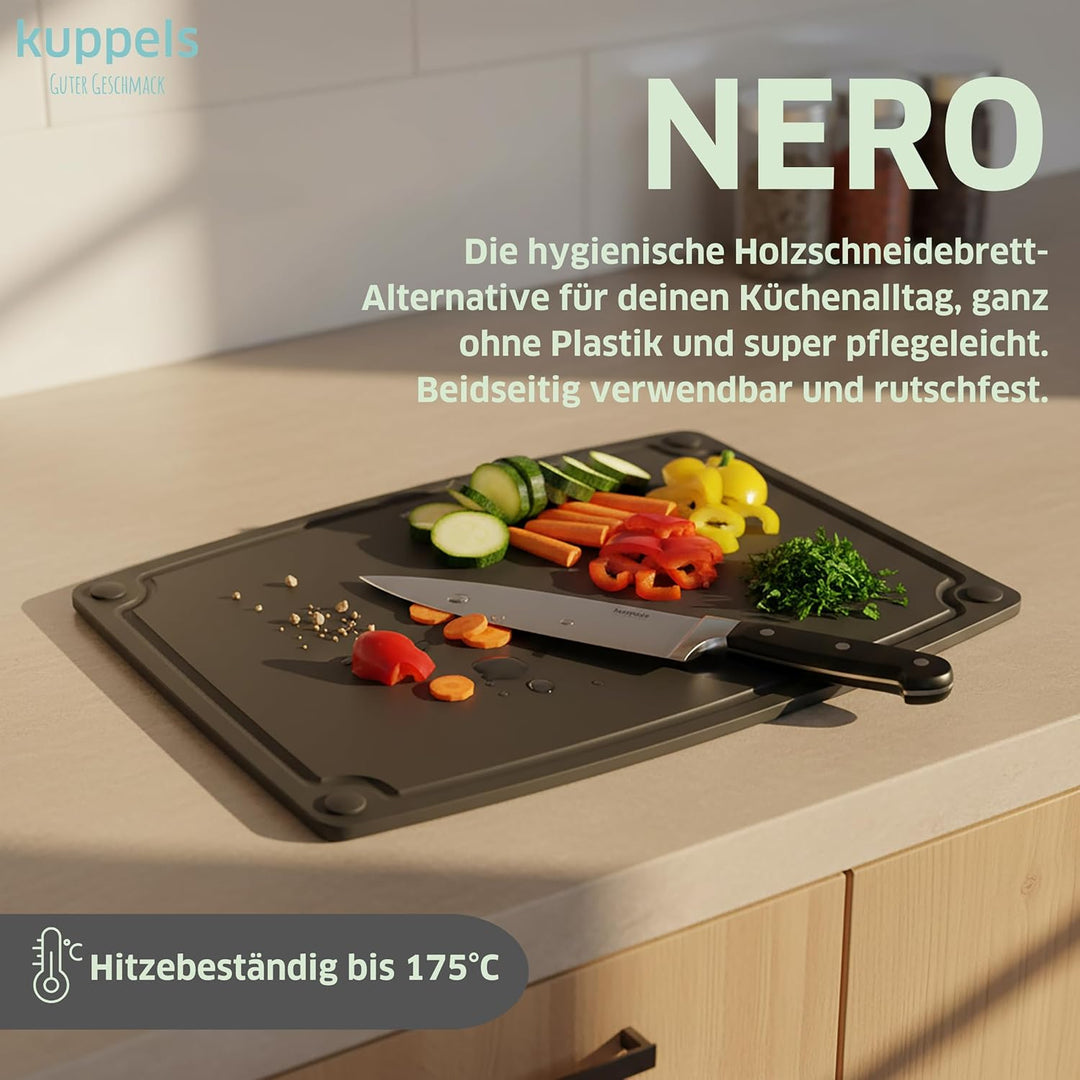 Kuppels NERO Holzfaser Schneidebrett ohne Plastik Gross, Küchenbrett mit Saftrille und Silikonfüssen