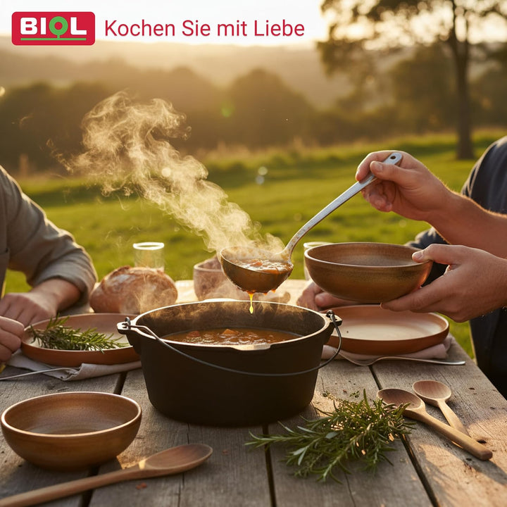 BIOL Dutch Oven 12 Liter aus Gusseisen – Eingebrannter Feuertopf mit Deckelheber und Doppelfunktions