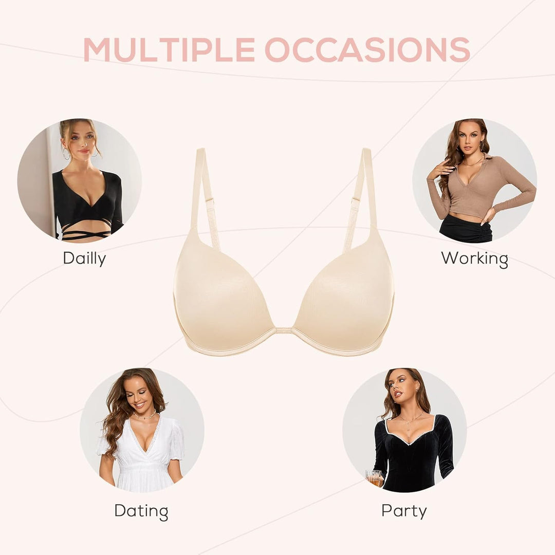 DOBREVA Damen Push Up Bügel BH Tiefer Ausschnitt Plunge Gepolstert T Shirt BHS 75E Beige, 75E Beige