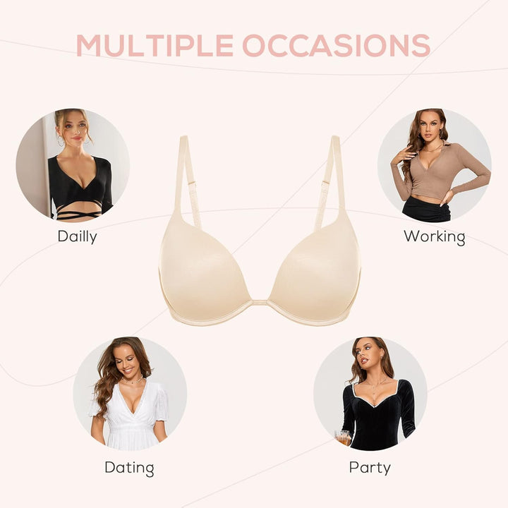 DOBREVA Damen Push Up Bügel BH Tiefer Ausschnitt Plunge Gepolstert T Shirt BHS 75E Beige, 75E Beige