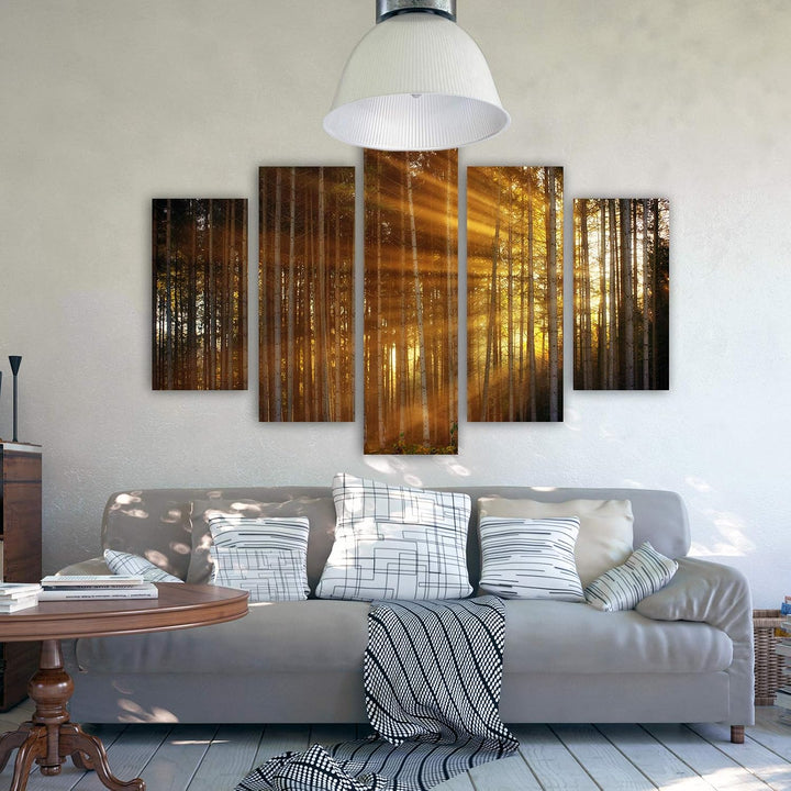 Feeby Wanddeko XXL Natur Leinwandbild 5 Teilig Sonnenuntergang Bäume orange 100x70 cm Leinwandbild 1