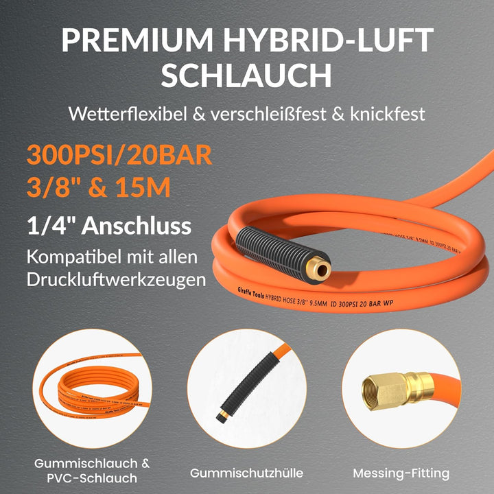 Giraffe Tools Druckluftschlauchtrommel 15M Automatik-Aufroller, 1/4" Anschluss, 3/8" Schlauch (Ø 9,5