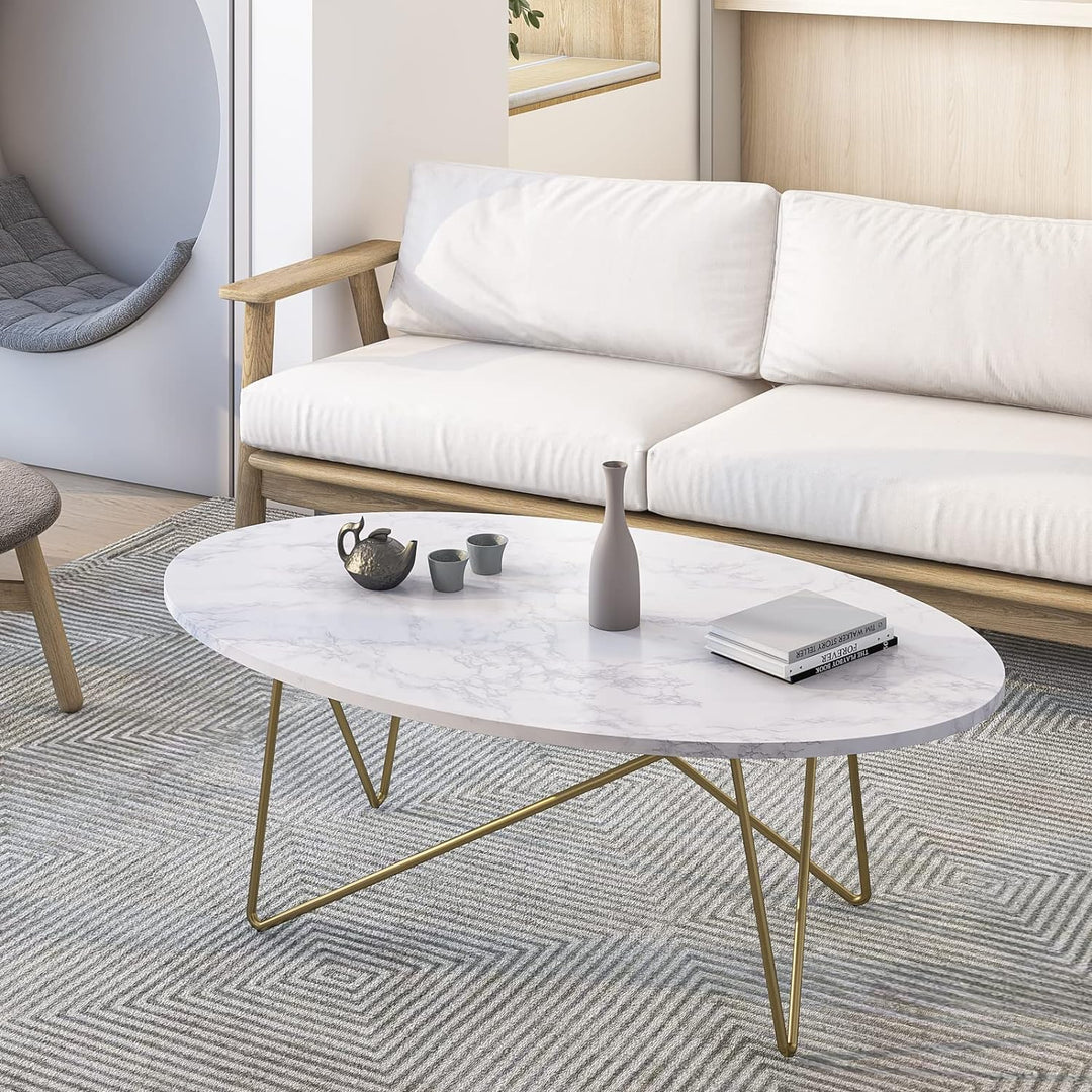 FirFurd Couchtisch Marmor Optik Beistelltisch Gold Sofatisch Oval Kaffeetisch für Wohnzimmer Schlafz