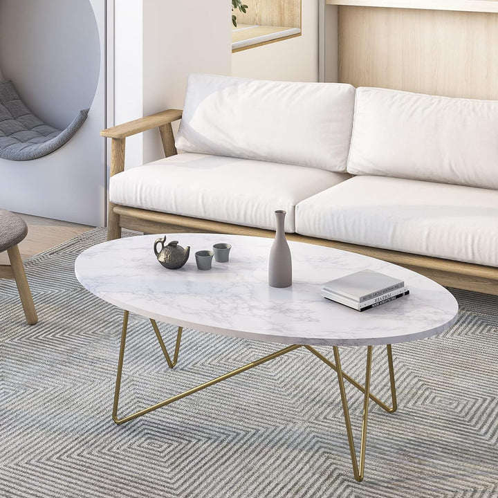 FirFurd Couchtisch Marmor Optik Beistelltisch Gold Sofatisch Oval Kaffeetisch für Wohnzimmer Schlafz