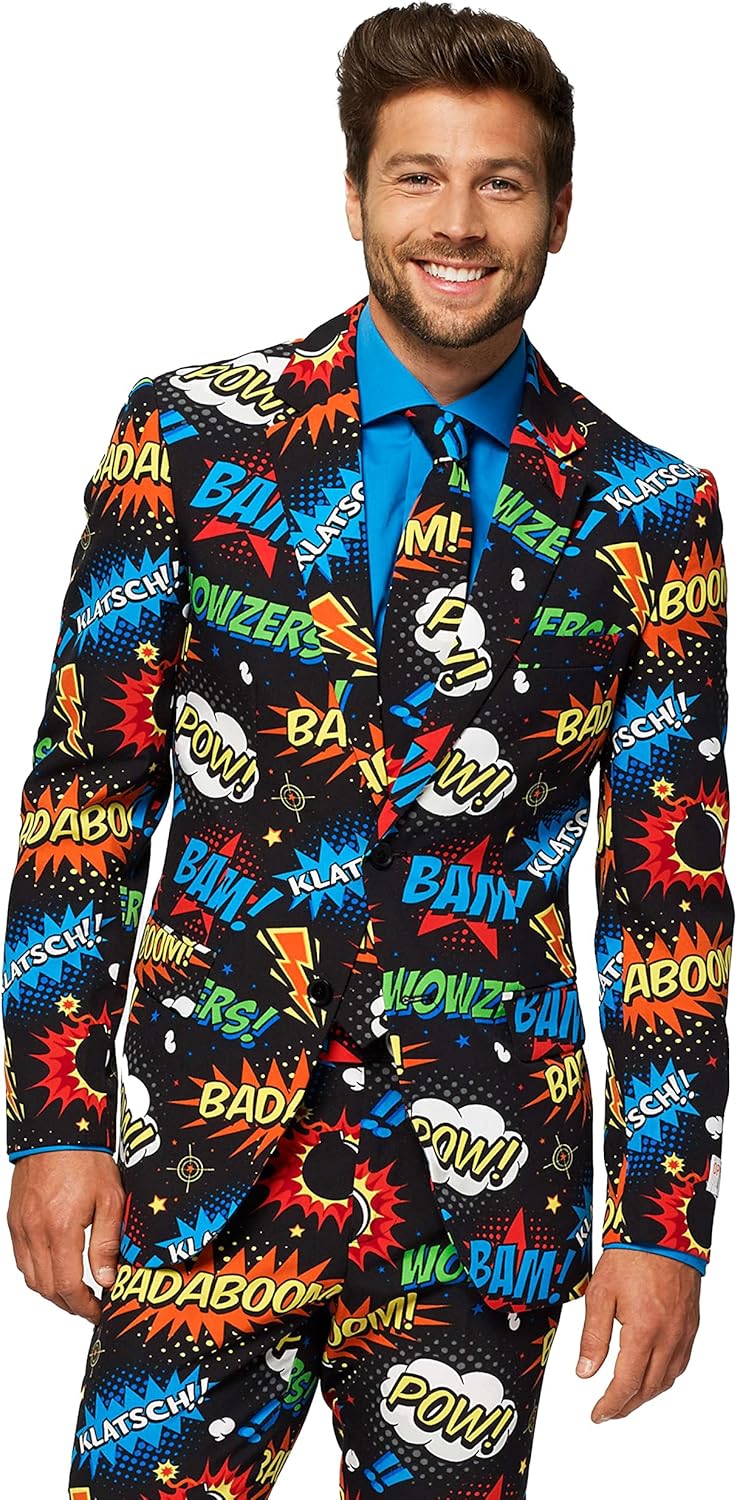 OppoSuits Karnevalskostüme Herren festlichem Druck Anzug mit Krawatte 42 Badaboom, 42 Badaboom