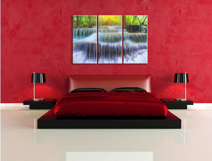 Pixxprint Wasserfall im Regenwald / 3-Teilig/Gesamtmass 120cm Leinwandbild bespannt auf Holzrahmen/W