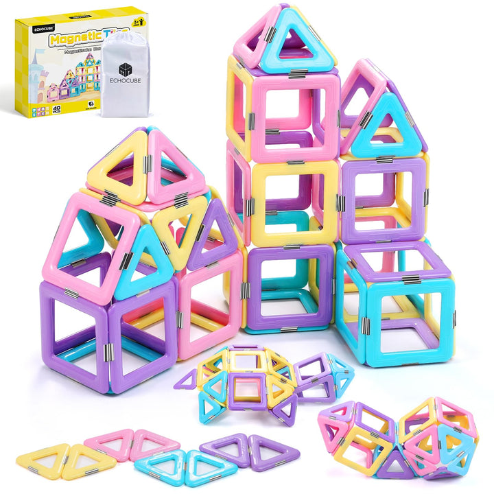 ECHOCUBE Magnetische Bausteine, 40 Stück magnetische Kacheln Konstruktionsspielzeug für Kinder, Krea