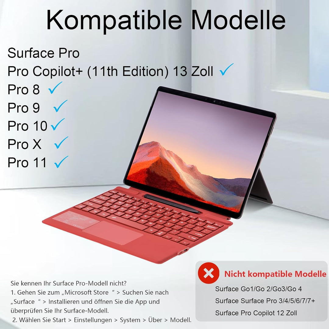 Bluetooth-Tastatur für Microsoft Surface Pro Copilot+ PC (11. Edition), kompatibel mit Pro 8 Pro 9 P