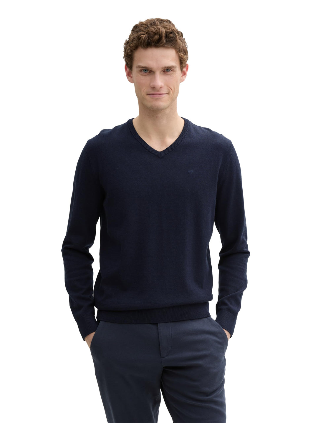 TOM TAILOR Herren Strickpullover mit V-Ausschnitt S 13160 - Knitted Navy Melange, S 13160 - Knitted