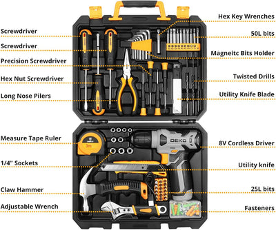 DEKO 126 Stück Elektrowerkzeug Combo Kits mit 8V Akku Bohrer, 10MM 3/8'' Keyless Chuck, Professionel