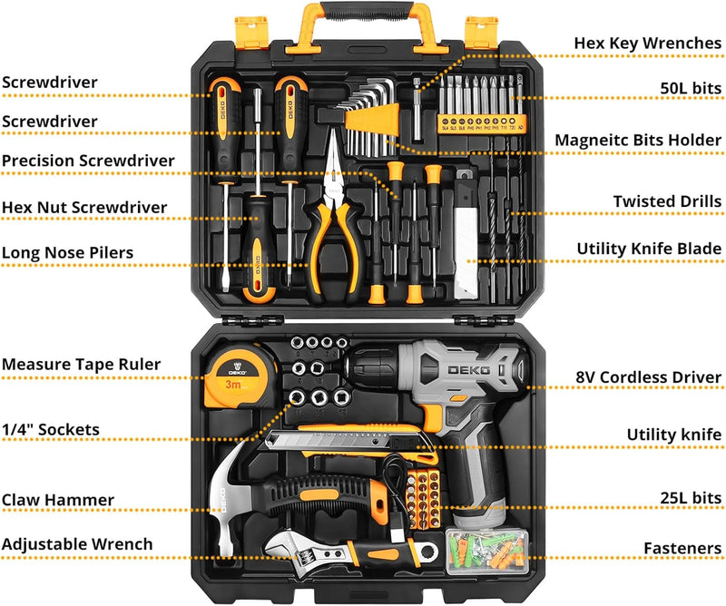 DEKO 126 Stück Elektrowerkzeug Combo Kits mit 8V Akku Bohrer, 10MM 3/8&