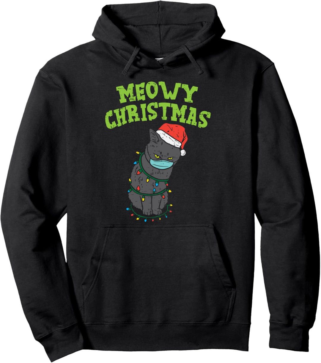 Meowy Catmas Santa Black Cat Mask Christmas Quarantine Gift Pullover Hoodie