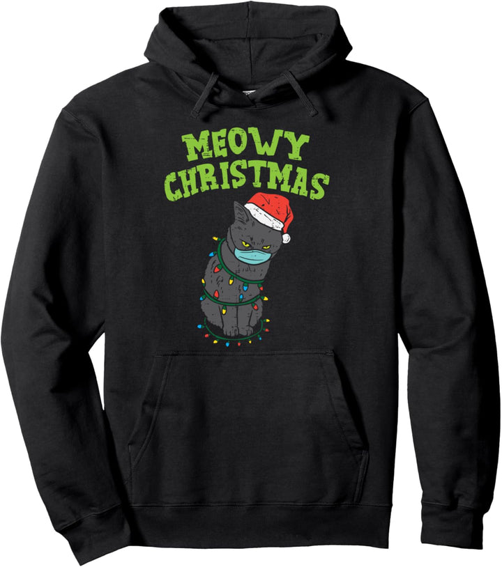 Meowy Catmas Santa Black Cat Mask Christmas Quarantine Gift Pullover Hoodie
