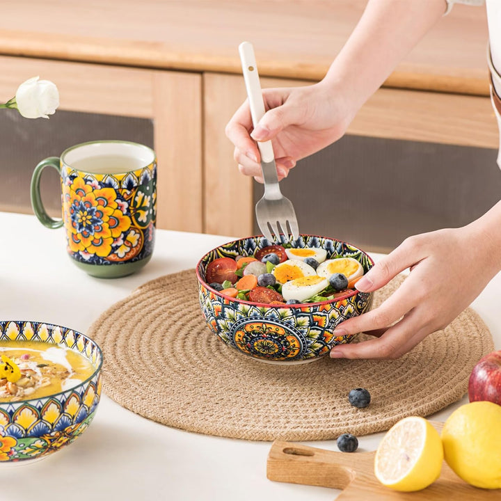 Henten Home Müslischalen 6er Set, 830ml Keramik Suppenschalen, Servierschalen mit Doppelseitigem Mus