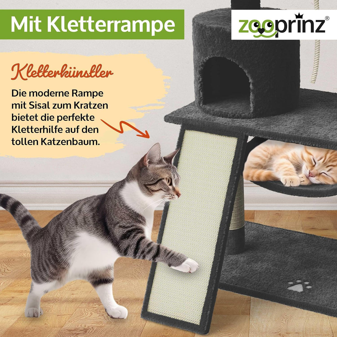 zooprinz extra breiter kratzbaum – XXL Premium Kratzbaum mit dicken Sisal Säulen, Höhle, Hängematte,