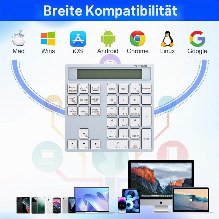 2-in-1 Ziffernblock Bluetooth- 34 Tasten Nummernblöcke mit Taschenrechner für PC/Laptop/Handy/iPhone