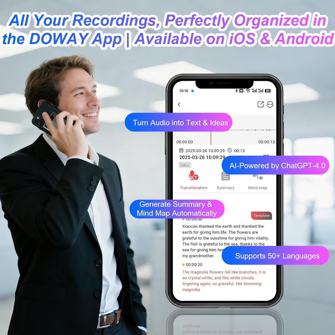 Qoosea AI Sprachrecorder 64GB Digitaler Voice Recorder mit ChatGPT-4.0 Transkription & Mind Map, App
