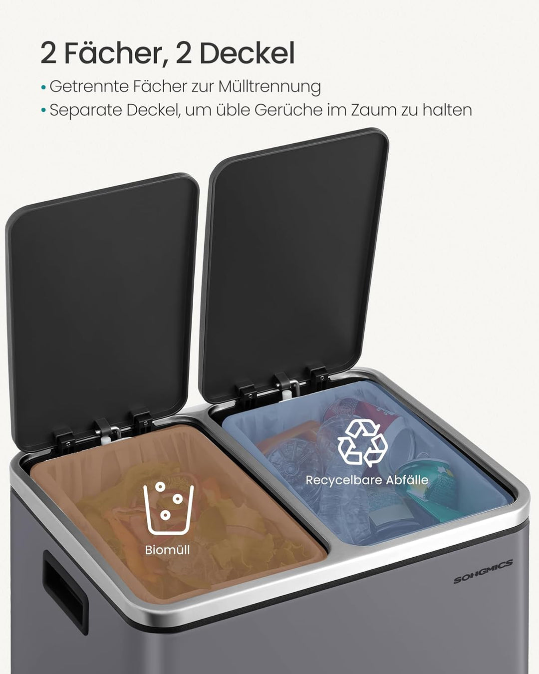 SONGMICS Mülleimer Küche, 2 x 15 Liter, Mülltrennsystem 2 Fächer, inklusive 15 Müllbeutel, Abfalleim