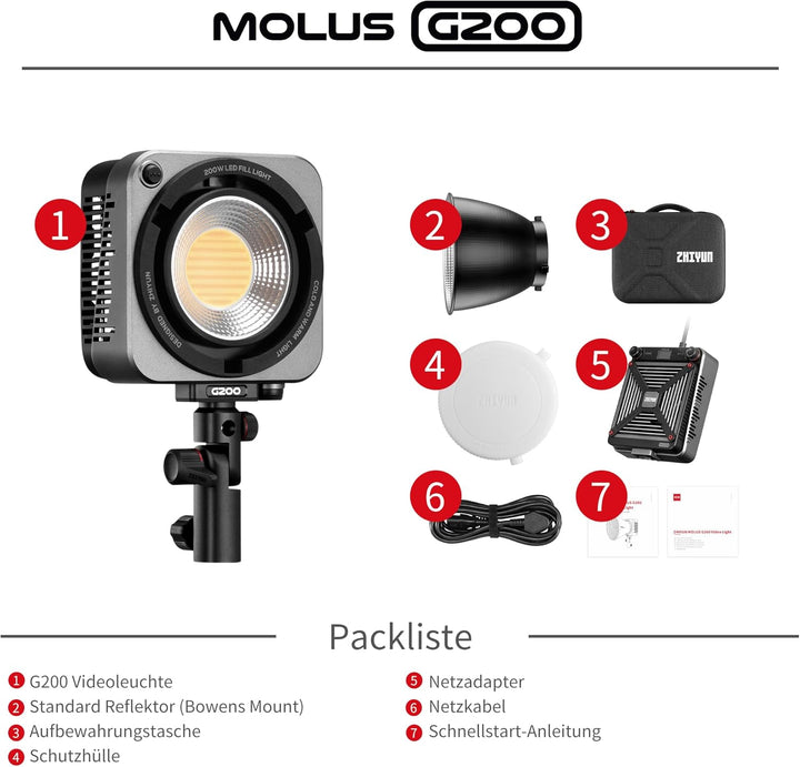 ZHIYUN Molus G200 [Official] Videoleuchte 200W, COB LED Videolicht mit Bowens Mount, Bi-Color Stream