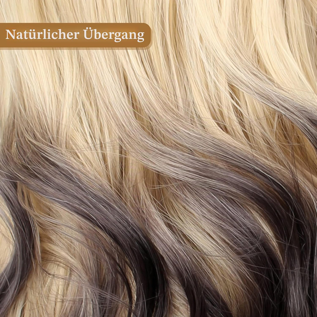 FAELBATY Perücke mit langen Locken blond Perücke mit Pony Ombre blond bis braun Perücke mit langen L